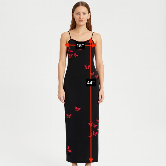 Vintage 90s Alyn Paige Dress Black Red Butterflies Bodycon Maxi Gown Size 3/4 - Picture 2 of 6